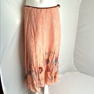 Chan Luu peach pink crinkle silk multicolor floral embroidered sequin boho skirt